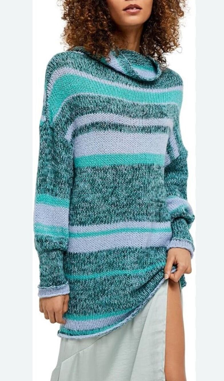 Free People wool blend blue and green striped tunic slightly neck sweater - S